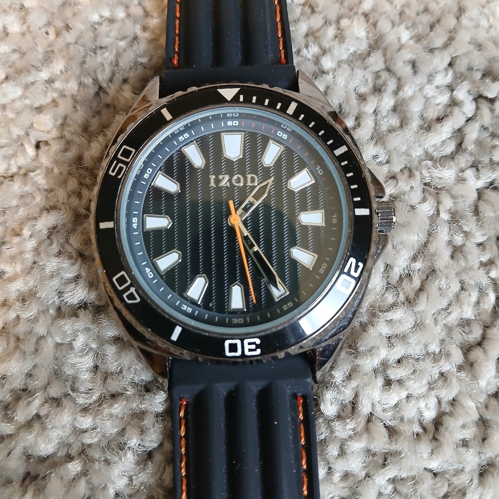 Izod Watch for Men‎ Black Dial Black Silicone Strap Orange Stitching